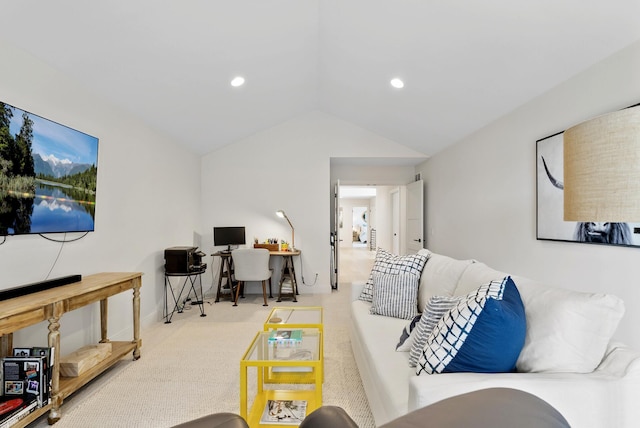 6407 Archer Ln N, Maple Grove, MN 55311 - carpeted living room with lofted ceiling, recessed lighting, and an office area