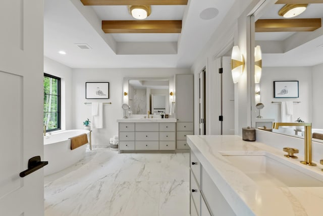 6407 Archer Ln N, Maple Grove, MN 55311 - full bath with a freestanding tub, marble finish floors, two vanities, and recessed lighting