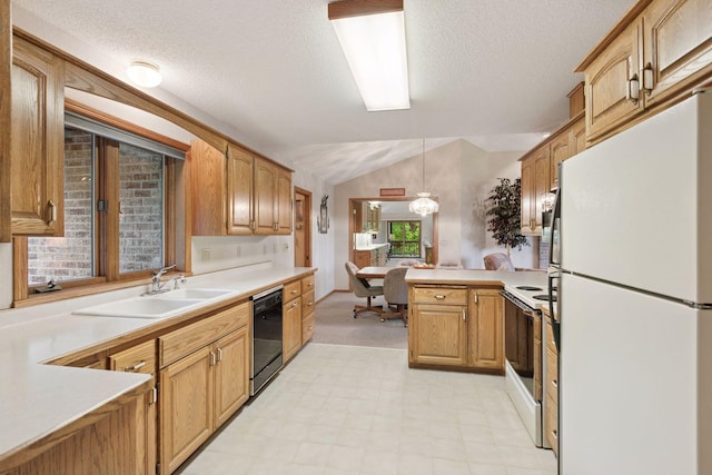 124 166th Ave NE, Andover, MN 55304 - kitchen with white appliances, a sink, lofted ceiling, a peninsula, and light countertops
