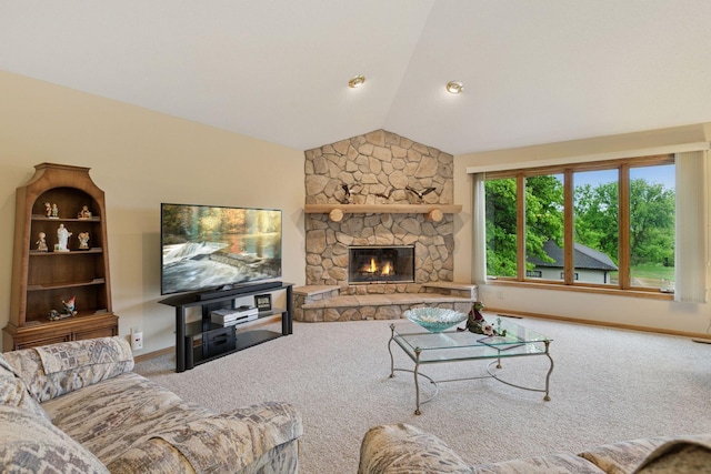 124 166th Ave NE, Andover, MN 55304 - living room featuring carpet flooring, vaulted ceiling, baseboards, and a stone fireplace
