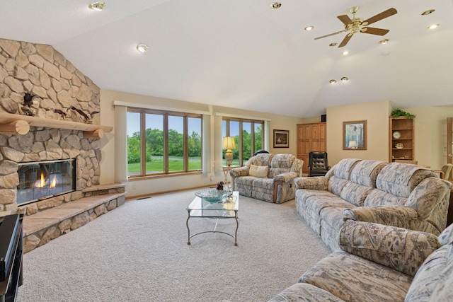 124 166th Ave NE, Andover, MN 55304 - living area featuring vaulted ceiling, carpet, a fireplace, a ceiling fan, and baseboards