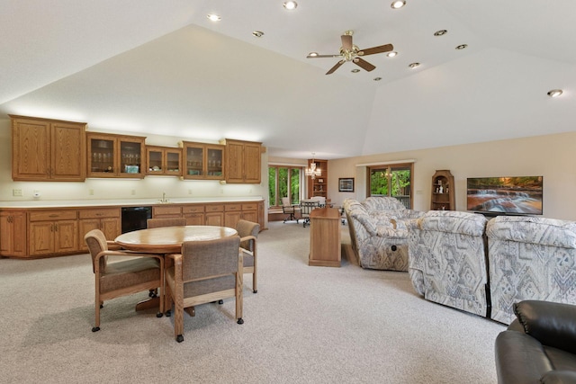 124 166th Ave NE, Andover, MN 55304 - dining room with light carpet, recessed lighting, ceiling fan, and high vaulted ceiling