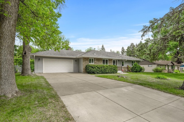 1213 Highview Dr, New Brighton, MN 55112 - ranch-style house with an attached garage, driveway, a front lawn, brick siding, and a shingled roof