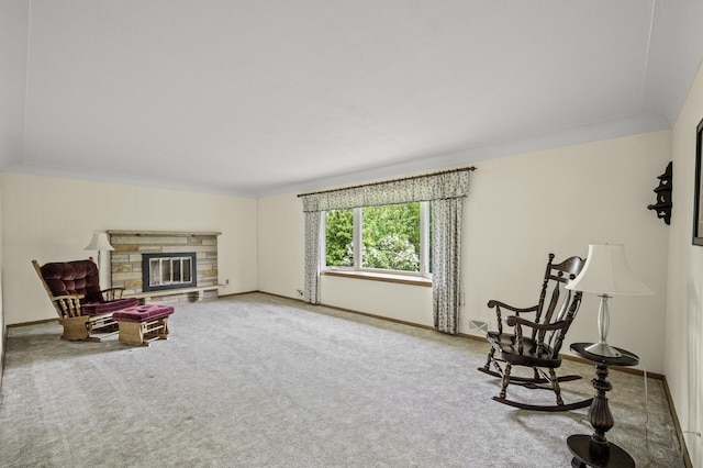 1213 Highview Dr, New Brighton, MN 55112 - living area with carpet flooring, baseboards, crown molding, and a fireplace
