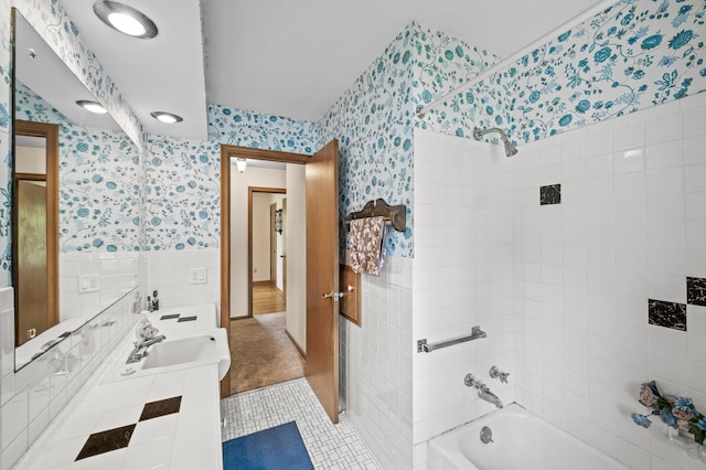 1213 Highview Dr, New Brighton, MN 55112 - full bath featuring wallpapered walls, tile patterned flooring, shower / bathtub combination, double vanity, and tile walls