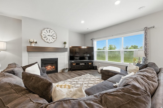 8857 152nd Ln NW, Ramsey, MN 55303 - living room featuring wood finished floors, a tile fireplace, and recessed lighting