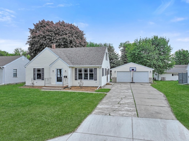 550 Center St, Tracy, MN 56175 - ranch-style home with a detached garage, an outdoor structure, a front yard, a chimney, and a shingled roof