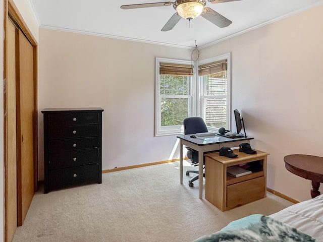 550 Center St, Tracy, MN 56175 - bedroom featuring baseboards, ornamental molding, light colored carpet, an office area, and a ceiling fan