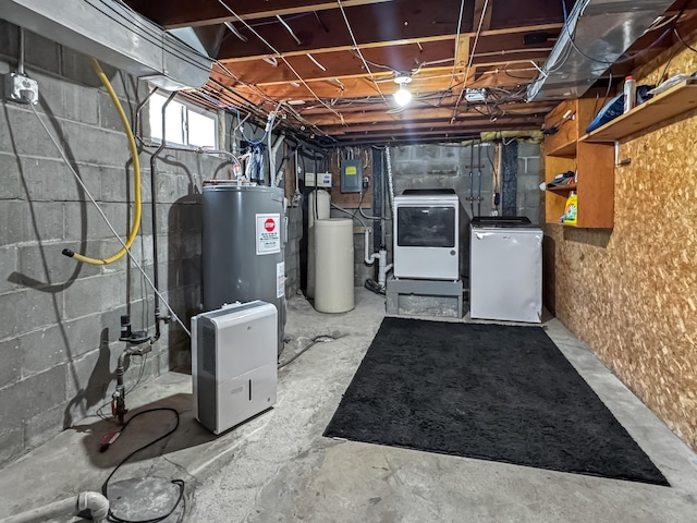 550 Center St, Tracy, MN 56175 - basement with washing machine and dryer, electric panel, water heater, a water softener, and fridge