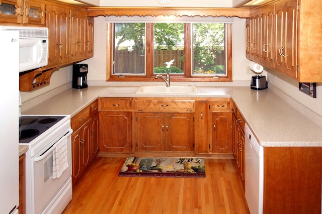 kitchen featuring white appliances, a sink, brown cabinetry, and light countertops