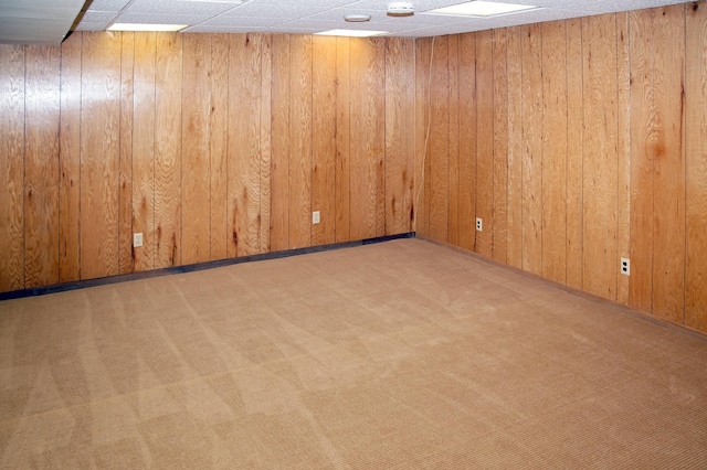 empty room featuring carpet flooring and wood walls