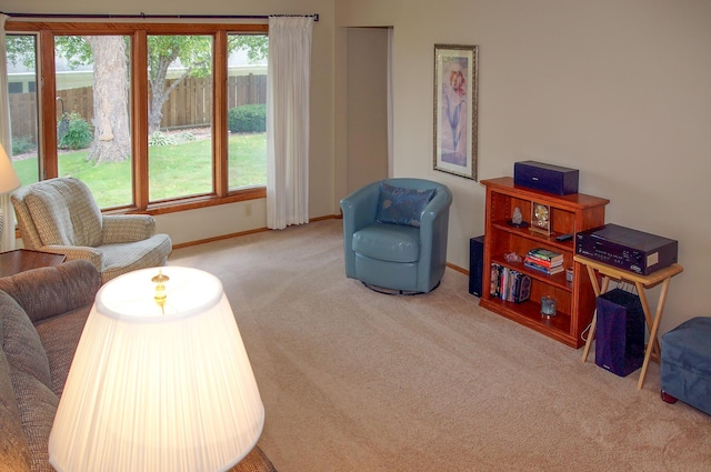 carpeted living room featuring baseboards