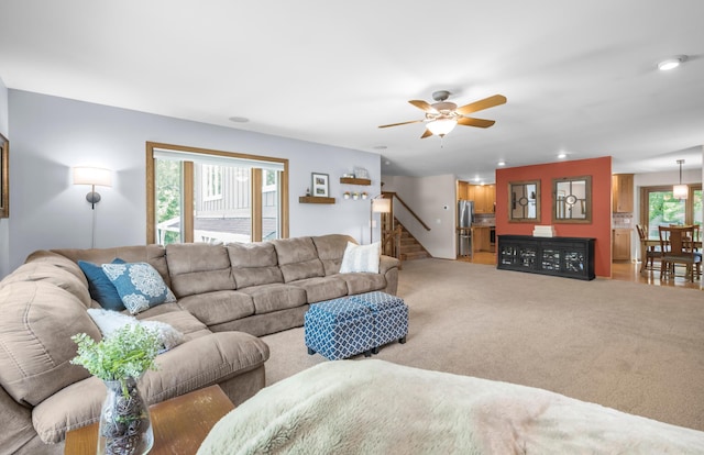 7712 Bester Ave, Inver Grove Heights, MN 55076 - carpeted living room with stairway, ceiling fan, and recessed lighting