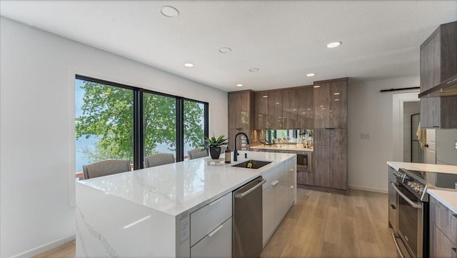 1219 Latoka Dr SW, Alexandria, MN 56308 - kitchen featuring modern cabinets, appliances with stainless steel finishes, a sink, light wood-style floors, and recessed lighting