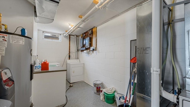 1219 Latoka Dr SW, Alexandria, MN 56308 - below grade area featuring washer / clothes dryer, water heater, concrete block wall, and electric panel