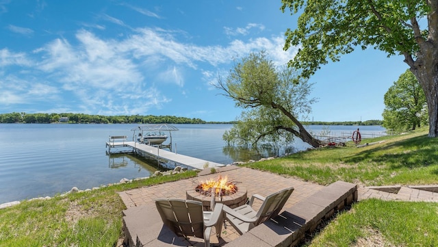 1219 Latoka Dr SW, Alexandria, MN 56308 - dock area featuring an outdoor fire pit, a water view, and boat lift