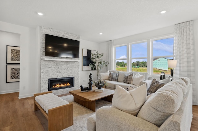 1684 Upper 143rd St E, Rosemount, MN 55068 - living area featuring a stone fireplace, wood finished floors, baseboards, and recessed lighting