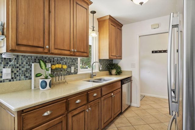 5240 Birch Rd, Minnetonka, MN 55345 - kitchen with a sink, stainless steel appliances, brown cabinets, tasteful backsplash, and light tile patterned floors