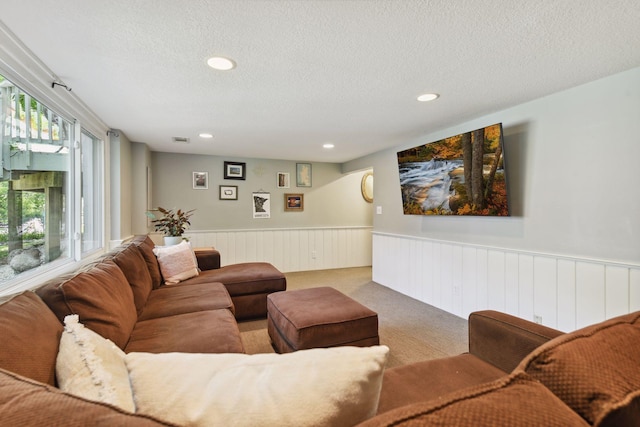 5240 Birch Rd, Minnetonka, MN 55345 - living room with a wainscoted wall, a textured ceiling, carpet, and recessed lighting