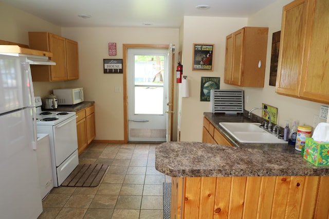 39887 195th St, Clitherall Twp, MN 56524 - kitchen featuring a sink, white appliances, dark countertops, and a peninsula