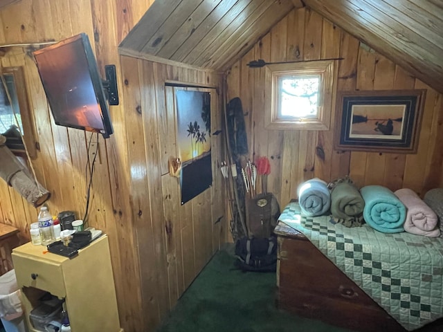 23979 Navajo Trl, Henning, MN 56551 - carpeted bedroom with wood walls and vaulted ceiling