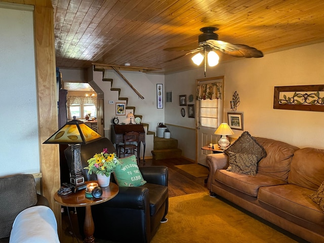 23979 Navajo Trl, Henning, MN 56551 - living room with ceiling fan, wooden ceiling, and wood finished floors