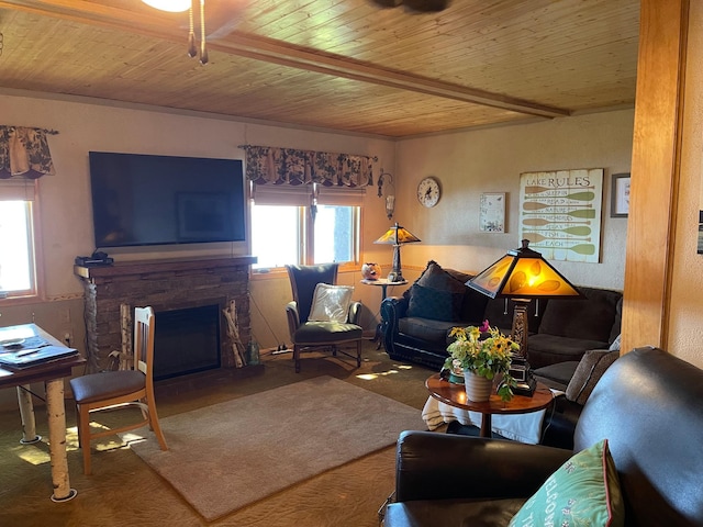 23979 Navajo Trl, Henning, MN 56551 - living room with wood ceiling, a stone fireplace, and carpet flooring