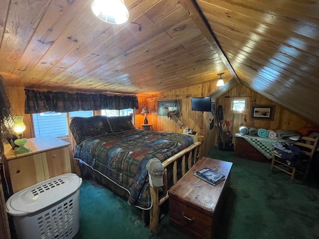 23979 Navajo Trl, Henning, MN 56551 - carpeted bedroom with vaulted ceiling, wooden walls, and wooden ceiling