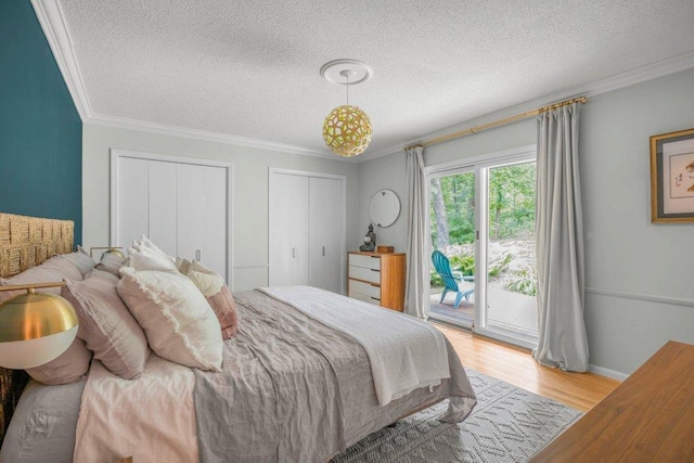 4744 Westgate Rd, Minnetonka, MN 55345 - bedroom featuring access to exterior, a textured ceiling, light wood-type flooring, multiple closets, and crown molding
