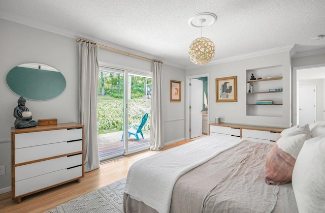 4744 Westgate Rd, Minnetonka, MN 55345 - bedroom with access to exterior, light wood-type flooring, ornamental molding, and a textured ceiling