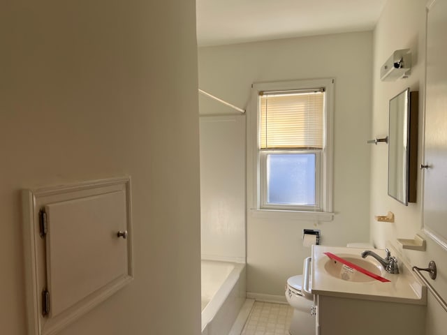 full bathroom with toilet, vanity, and shower / washtub combination