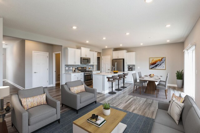 1537 143rd St E, Rosemount, MN 55068 - living room featuring baseboards, wood finished floors, and recessed lighting
