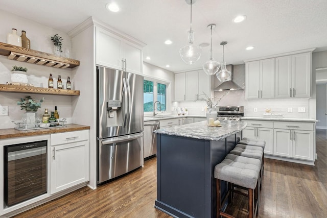 5078 Vine Hill Rd, Deephaven, MN 55331 - kitchen featuring appliances with stainless steel finishes, wall chimney range hood, wine cooler, dark wood-style flooring, and tasteful backsplash