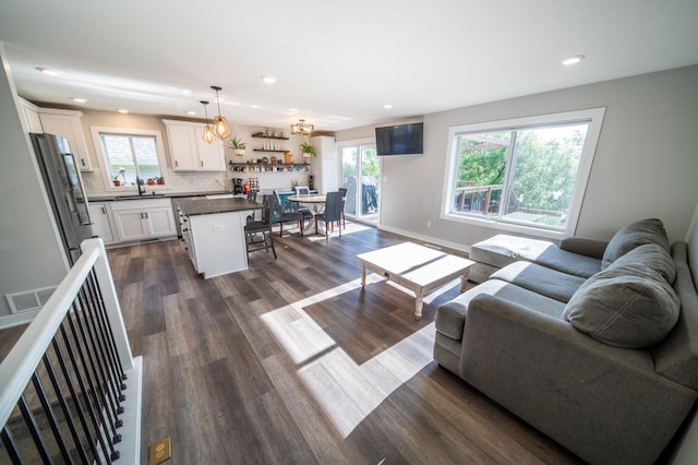 1004 Blanch Ct, Mantorville, MN 55955 - living area featuring healthy amount of natural light, recessed lighting, dark wood-style flooring, and baseboards