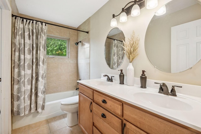 1686 Walnut Ln, Eagan, MN 55122 - bathroom featuring shower / tub combo with curtain, double vanity, toilet, and tile patterned floors