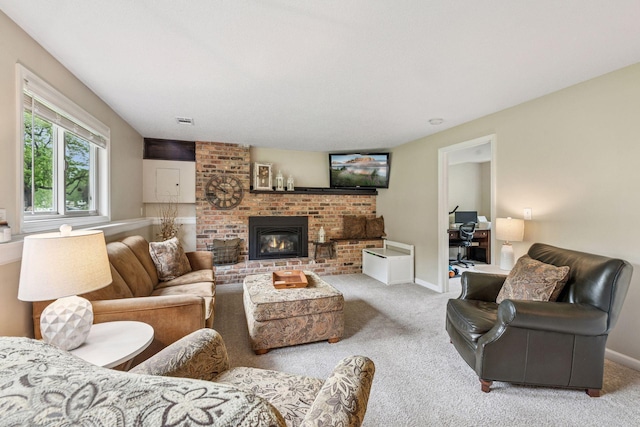 1686 Walnut Ln, Eagan, MN 55122 - carpeted living room featuring a brick fireplace and baseboards