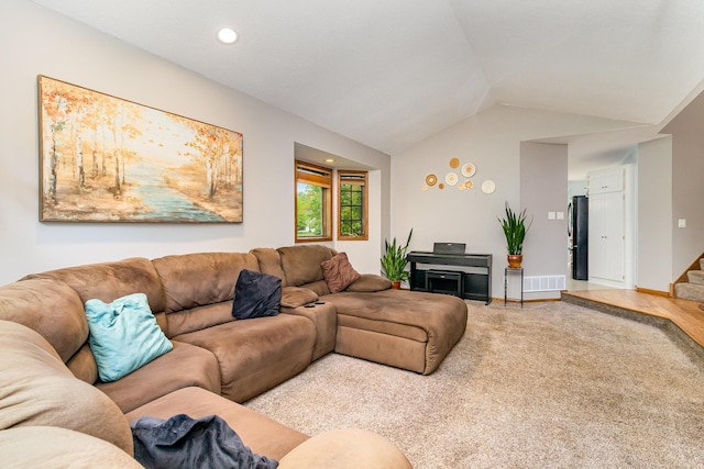 39 154th Ave NE, Ham Lake, MN 55304 - living area with lofted ceiling, stairway, light carpet, and recessed lighting