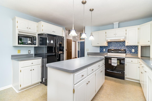 39 154th Ave NE, Ham Lake, MN 55304 - kitchen with black appliances, under cabinet range hood, a center island, white cabinets, and tasteful backsplash