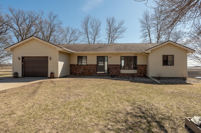 36350 276th St, Henderson, MN 56044 - ranch-style home featuring an attached garage, brick siding, driveway, a front lawn, and a shingled roof