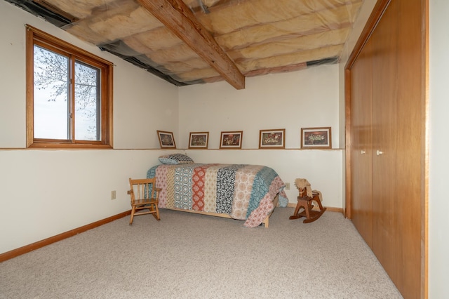36350 276th St, Henderson, MN 56044 - bedroom featuring carpet floors, baseboards, and beamed ceiling