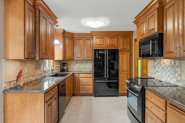500 Mackubin Cir, Shoreview, MN 55126 - kitchen featuring black appliances, a sink, brown cabinets, and tasteful backsplash
