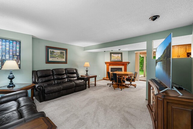 500 Mackubin Cir, Shoreview, MN 55126 - living area with light colored carpet, a fireplace, a textured ceiling, and baseboards