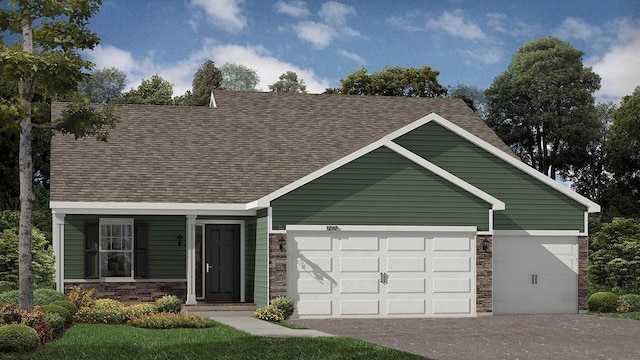 view of front of house featuring an attached garage, stone siding, roof with shingles, and driveway