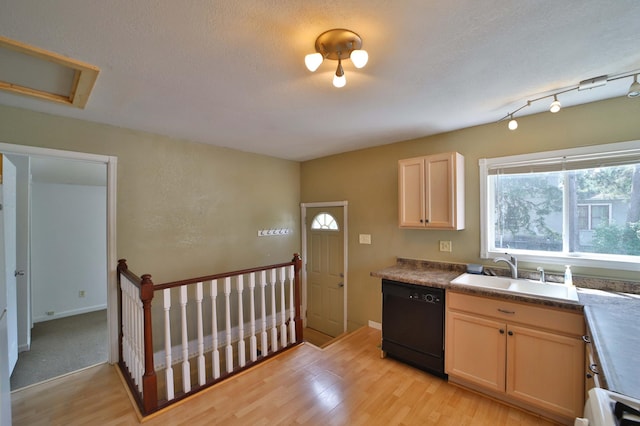 809 7th St, Brainerd, MN 56401 - kitchen featuring dishwasher, a sink, light wood finished floors, a textured ceiling, and baseboards