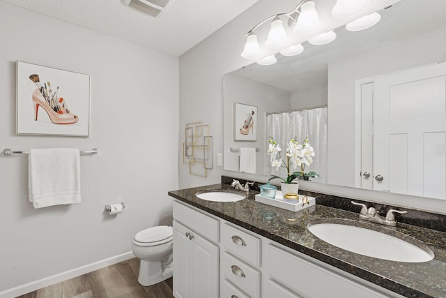 9675 Toledo Ln N, Brooklyn Park, MN 55443 - full bath featuring wood finished floors, double vanity, toilet, baseboards, and a shower with curtain