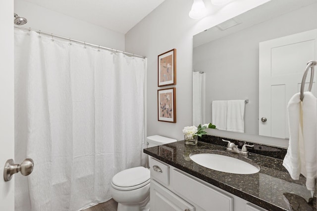 9675 Toledo Ln N, Brooklyn Park, MN 55443 - full bathroom featuring toilet, vanity, curtained shower, and wood finished floors