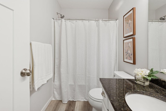 9675 Toledo Ln N, Brooklyn Park, MN 55443 - bathroom with vanity, toilet, wood finished floors, and curtained shower