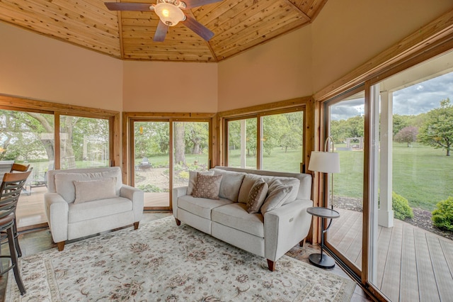 8632 Neal Ave S, Denmark Twp, MN 55033 - sunroom / solarium with an outdoor living space, plenty of natural light, ceiling fan, high vaulted ceiling, and wooden ceiling