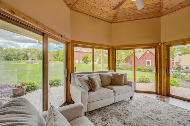 8632 Neal Ave S, Denmark Twp, MN 55033 - sunroom featuring wood ceiling and high vaulted ceiling