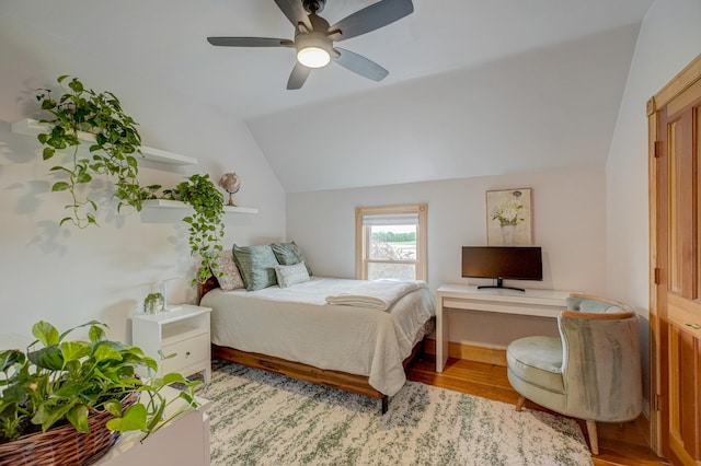 8632 Neal Ave S, Denmark Twp, MN 55033 - bedroom featuring lofted ceiling, light wood-style floors, and ceiling fan